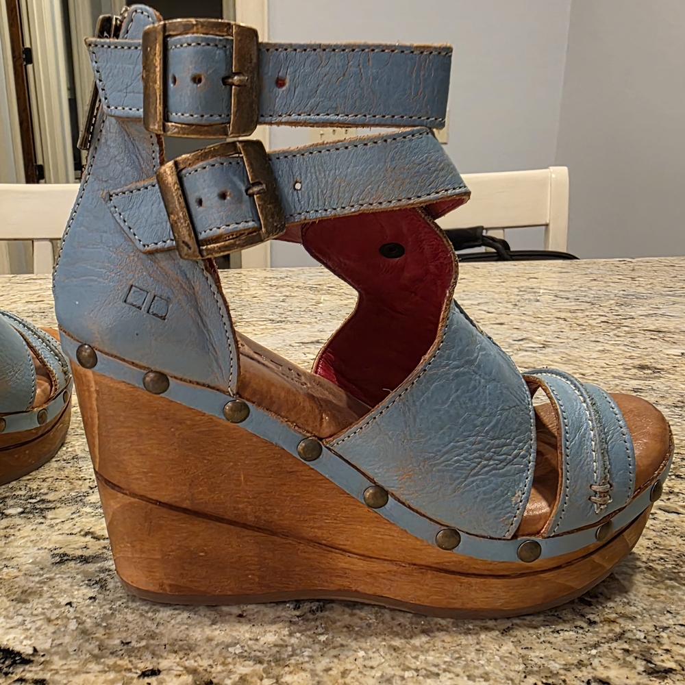Stylish Blue Leather Wedge Sandals